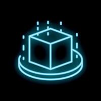 Neon cube standing on podium glowing in dark background vector