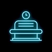Neon waiting room bench icon with clock showing time passing vector