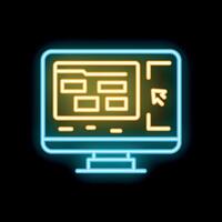 Glowing neon line computer monitor showing content management system application with cursor vector