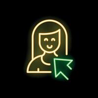 Woman smiling with mouse cursor neon sign on black background vector