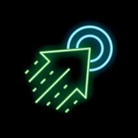 Glowing neon green arrow breaking through blue target on black background vector