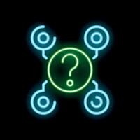 Neon green question mark surrounded by blue circles connected with lines on black background vector