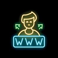 Young man connecting to internet neon light concept icon vector