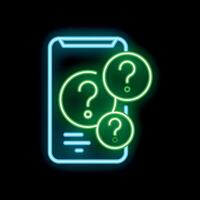 Neon mobile phone displaying frequently asked questions page with question marks vector