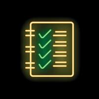 Neon notebook with checkmarks glowing on black background vector