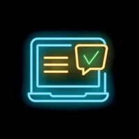 Neon laptop showing approved message icon on black background vector