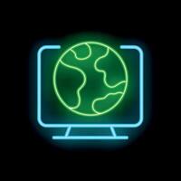 Neon computer monitor displaying green planet earth icon on black background vector