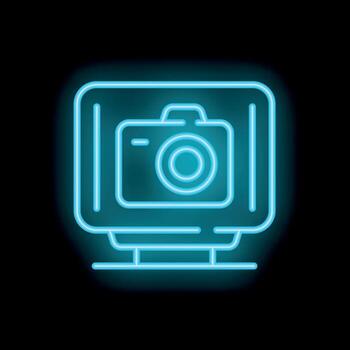 Neon icon of a camera displaying on a computer screen vector