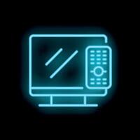 Neon tv set and remote control icon glowing on black background vector