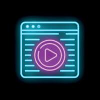Neon sign showing internet web page with play button on black background vector
