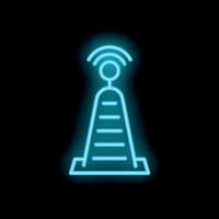 Neon blue radio tower transmitting signal icon on black background vector