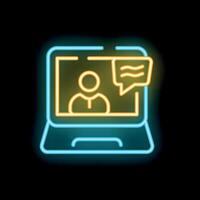 Neon icon of a person calling on a laptop, sending a message vector