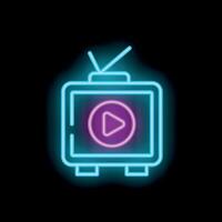 Blue and purple neon sign representing a television showing play button vector