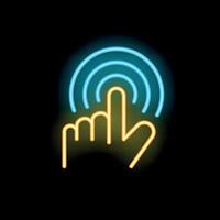 Neon icon of hand pressing touch screen button vector