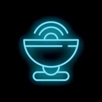 Neon satellite dish transmitting signals on black background vector