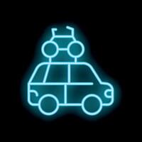 Neon icon of car with bike rack carrying bicycle on top representing travel and adventure vector