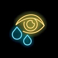 Neon sign depicting crying eye with falling tears on black background vector