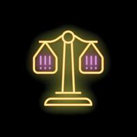 Neon sign representing scales showing balance with exclamation marks in purple and yellow vector