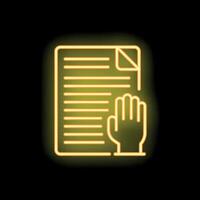 Neon yellow hand pointing at document icon on black background vector