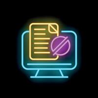 Neon icon of computer showing document with cancelled sign vector