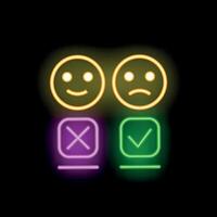 Neon signs showing customer feedback with positive and negative emoji and checkmark vector