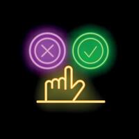 Hand choosing between neon green tick and red cross symbols vector