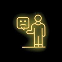 Neon sign of a man showing a speech bubble with a sad emoticon inside vector