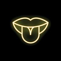 Neon yellow sticking out tongue with open mouth sign on black background vector