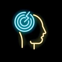Neon sign representing brain activity with a glowing head and a circular maze inside vector