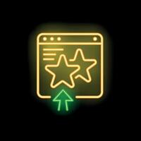 Neon icon showing website page with customer review stars and up arrow vector