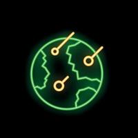 Glowing neon icon of a broken earth with meteors approaching vector