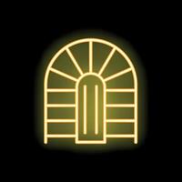 Neon arch window with yellow light glowing on black background vector