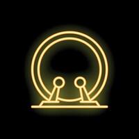 Neon sign of a gong musical instrument with sticks on a dark background vector