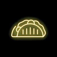 Bright yellow neon sign showing a taco with filling on black background vector