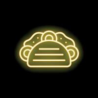 Bright yellow neon sign showing a taco with lettuce, tomatoes, and cheese vector