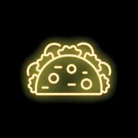 Yellow neon sign illustrating delicious taco with salad on black background vector