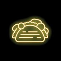 Yellow neon sign representing a taco with lettuce, tomato, and onion filling on a black background vector