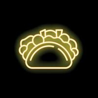 Glowing neon sign of taco with meat, vegetables, tomato, onion, and salad on black background vector