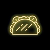 Bright yellow neon sign of a taco with lettuce, tomato, and onion filling vector