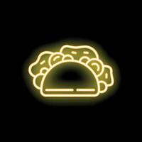 Neon sign showing a taco with lettuce, tomato, and onion filling vector