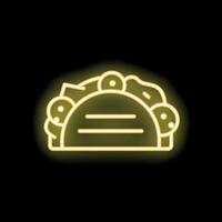 Yellow neon icon of taco with meat and vegetables glowing on black background vector