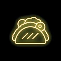 Glowing neon icon of taco with lettuce tomato onion and meat filling vector