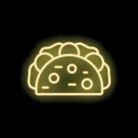 Bright yellow neon sign showing a taco with lettuce and meat filling on a black background vector