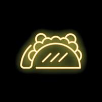 Bright yellow neon sign showing a taco with filling on black background vector