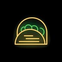 Glowing neon icon of taco with meat and vegetables on black background vector