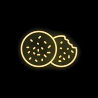 Neon sign of chocolate chip cookies with bite mark on black background vector