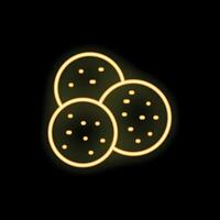 Neon icon of three round cookies glowing yellow on black background vector