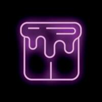 Bright purple neon sign of open paint bucket dripping on black background vector