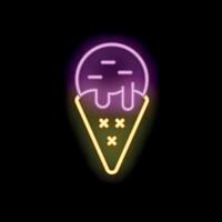 Neon ice cream cone melting on black background vector
