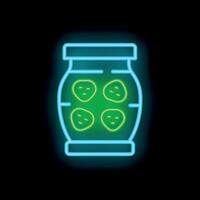 Neon sign of pickles preserved in jar with glowing green light vector